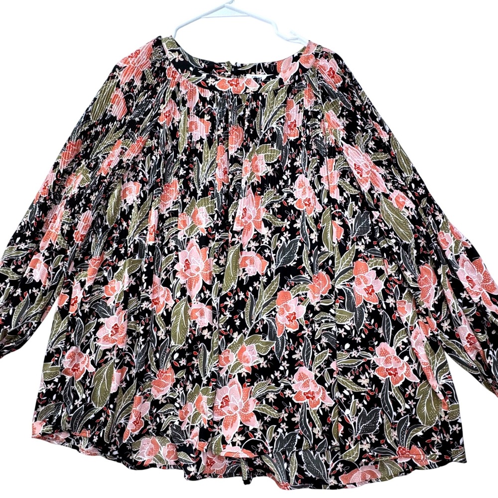 DR2 Pleated Blouse Women 1X Black Floral Long Sleeve Boho Flowey Pleated Light